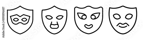 Line art masks illustrating identity, emotion, security, and theater