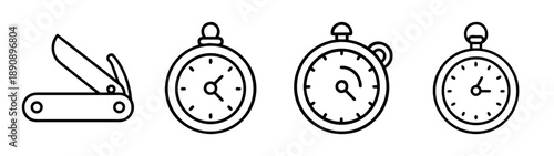 Utility knife and stopwatch line icons set for time management
