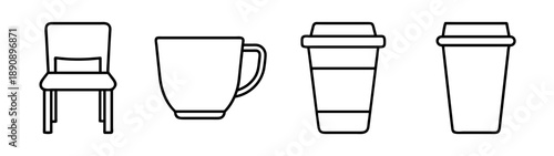 Icon set of chair, coffee mug, and various disposable coffee cups