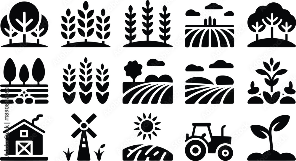Fototapeta premium Diverse collection of agricultural icons illustrating farming elements, natural growth, and rural machinery