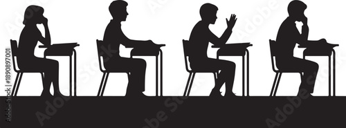 Four silhouettes of people sitting at desks in a classroom setting