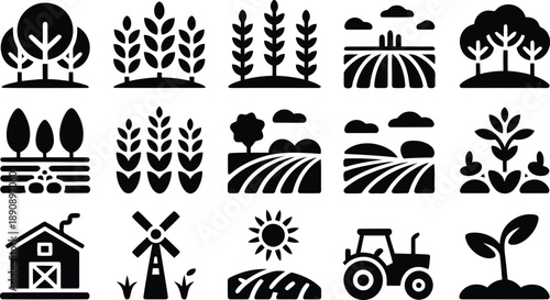 Diverse collection of agricultural icons illustrating farming elements, natural growth, and rural machinery
