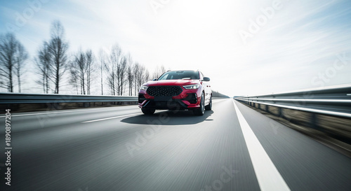 Red sports car speeding down a highway with bare trees on a cloudy day