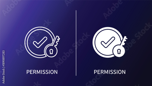 Permission icons with checkmarks and locks on purple background symbolizing authorization and security concepts in digital design