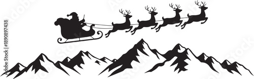 Santa and reindeer sleigh flying over mountains silhouette
