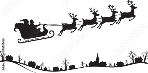 Santa Claus and Reindeer Flying Over a Winter Village Silhouette