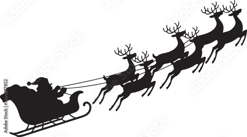 Santa Claus and reindeer silhouette flying on a sleigh