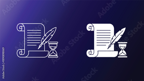 Vintage quill pens and scrolls on hourglasses symbolizing timeless writing and knowledge on a dark blue background