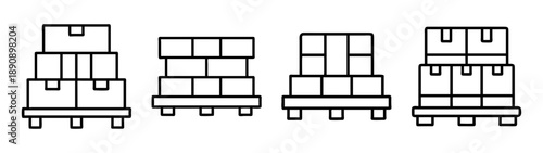 Stacked boxes on pallets outline vector icon set for shipping