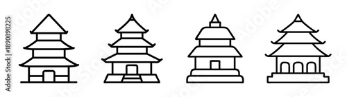 Asian pagoda and temple line art icon set for travel design