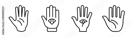 Mystical hand symbols set: spiritual protection line art icons.