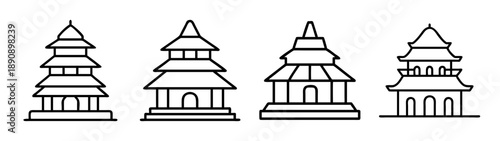 Asian temple pagoda line art icons set for culture and travel