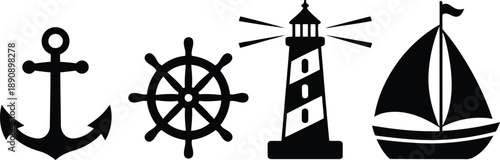 Four black silhouette nautical symbols including anchor ships wheel diagonal striped lighthouse and sailboat