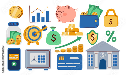 Set of financial and investment elements like piggy bank, portfolio, capital growth, stack of coins and money symbols. Trendy modern vector illustration isolated on white, flat design