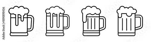 Line art beer mugs with foam, four distinct designs, icon set