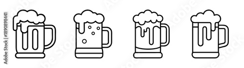 Set of beer mug icons with foam, outline style for beverage concept