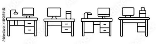 Work from home, office desk setup outline icons, vector graphics