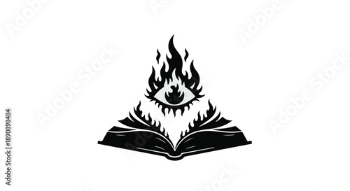 Mysterious open book with a flaming eye symbolizing knowledge and enlightenment