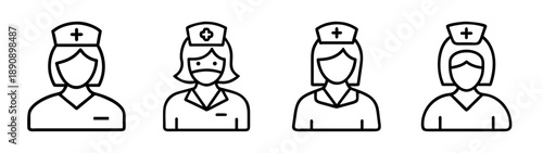 Female nurse avatar icons set, healthcare worker outline symbol