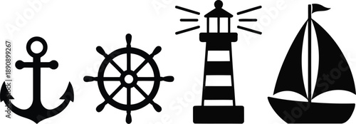 Set of four black nautical icons featuring an anchor ships wheel lighthouse and sailboat