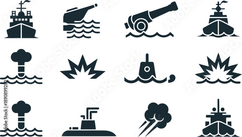 Set of twelve black silhouette icons representing naval warships, underwater vessels, and maritime explosions