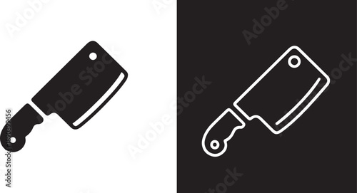 Cleaver for meat icon set in black. Butcher knife cleaver silhouette icons set for kitchen tools and restaurant menu branding.