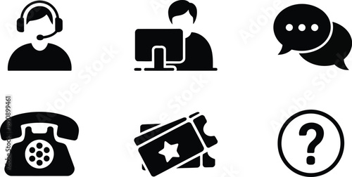 Simple black silhouette icon depicting a customer service representative wearing a headset