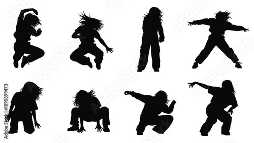 Comprehensive collection of energetic female hip hop dancer silhouettes for urban choreography workshops and modern youth culture entertainment business branding.