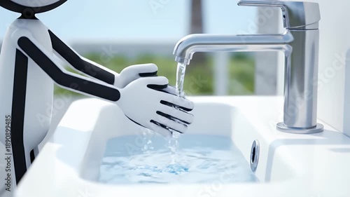 Stylized 3D Figure Washing Hands at Sink to Promote Hygiene and Health with Bright Soft Lighting in Bathroom Setting