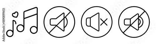 Music note with heart and volume mute control interface icons