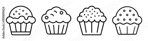 Simple outline cupcake vector icons set for sweet bakery items.