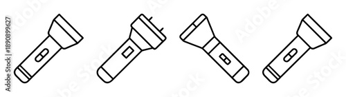 Line art set of flashlights and electric stun gun icons on white