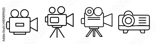 Movie camera and projector line icon set. video recording media.