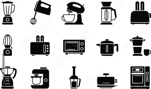Simple black silhouette icons representing a variety of essential kitchen appliances on a bright white background