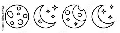 Celestial moon phases and stars outline icon set for night sky
