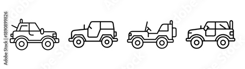 Jeep and off-road vehicle line icons set, adventure transport