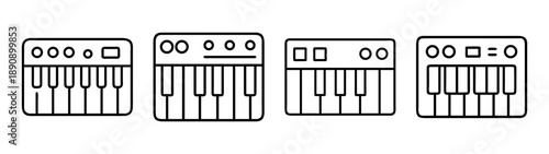 Four minimal line art electronic keyboard synthesizer icons set