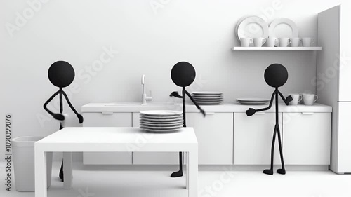 Three Black Stick Figures Washing Dishes Together in a Bright White Kitchen Setting with Clean Minimalist Decor And