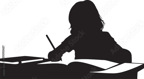 Silhouette of a person writing at a desk with books