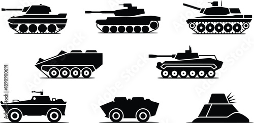 Various silhouettes of military ground combat vehicles including tanks and armored cars displayed as icons