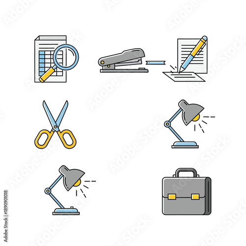 Office supplies and stationery for work and study Vector, illustration