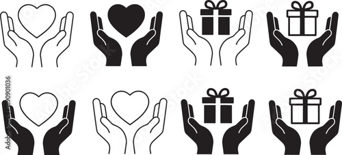 Set of hands holding hearts and gift boxes in black and white