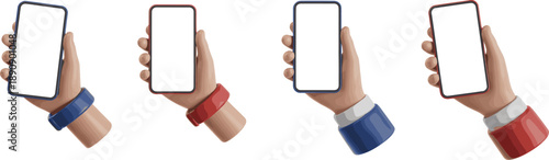Hands holding smartphones with blank screens and colorful wristbands and cuffs