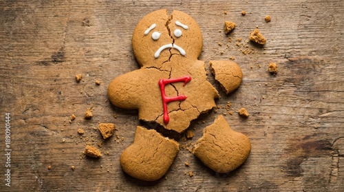 Broken Gingerbread Man Cookie with Red Letter F Decoration on Distressed Wood Surface Sad Expression