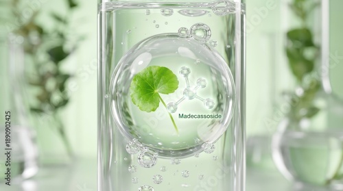 Close up of a green leaf in a scientific bubble surrounded by clear liquid and laboratory equipment in soft lighting