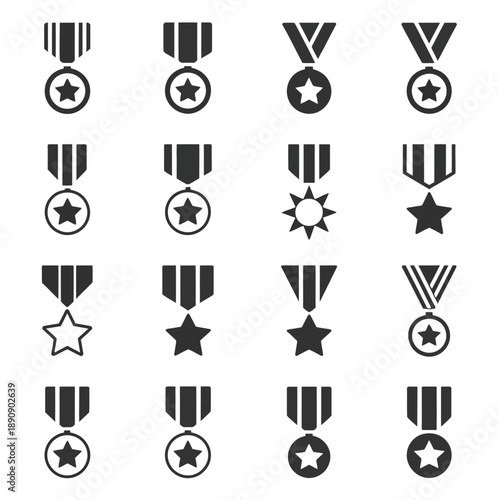 A collection of black and white icons depicting different types of award medals and honors, vector illustrations for achievements, competitions, recognition, sports events