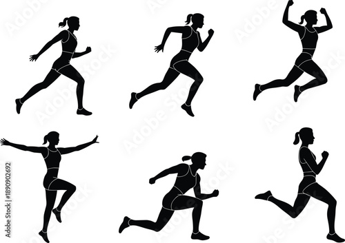 Female runner silhouette vector set with sprinting athlete action poses, fitness training movement icons isolated on white background illustration