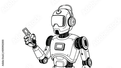 Professional AI robot wearing headphones holding a mobile device for modern tech customer service and artificial intelligence business branding resources.