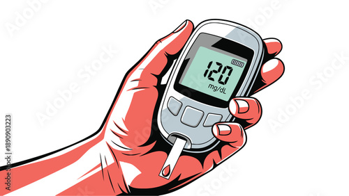 Hand holding a digital blood glucose monitor glucometer for diabetes monitoring and clinical healthcare business insurance service branding identity resources.