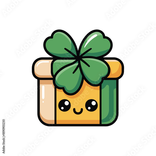 Gift box with lucky clover sticker, Saint Patricks Day present icon for fundraising raffle, charity auction, community benefit session